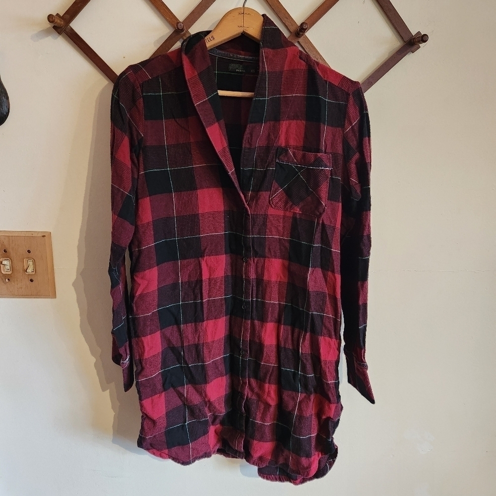 Prana Tunic Long Sleeve Sleep Red Black Plaid Button-Up Shirt XS